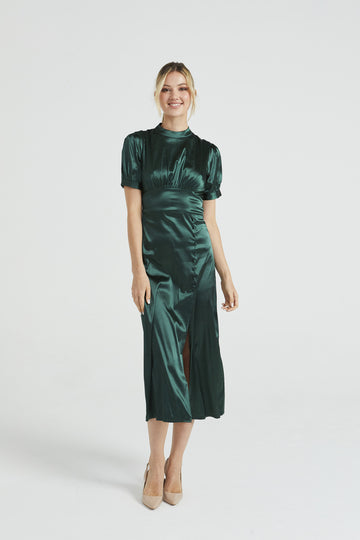 Puff Sleeve Midi Dress with Leg Slit ANGELEYE